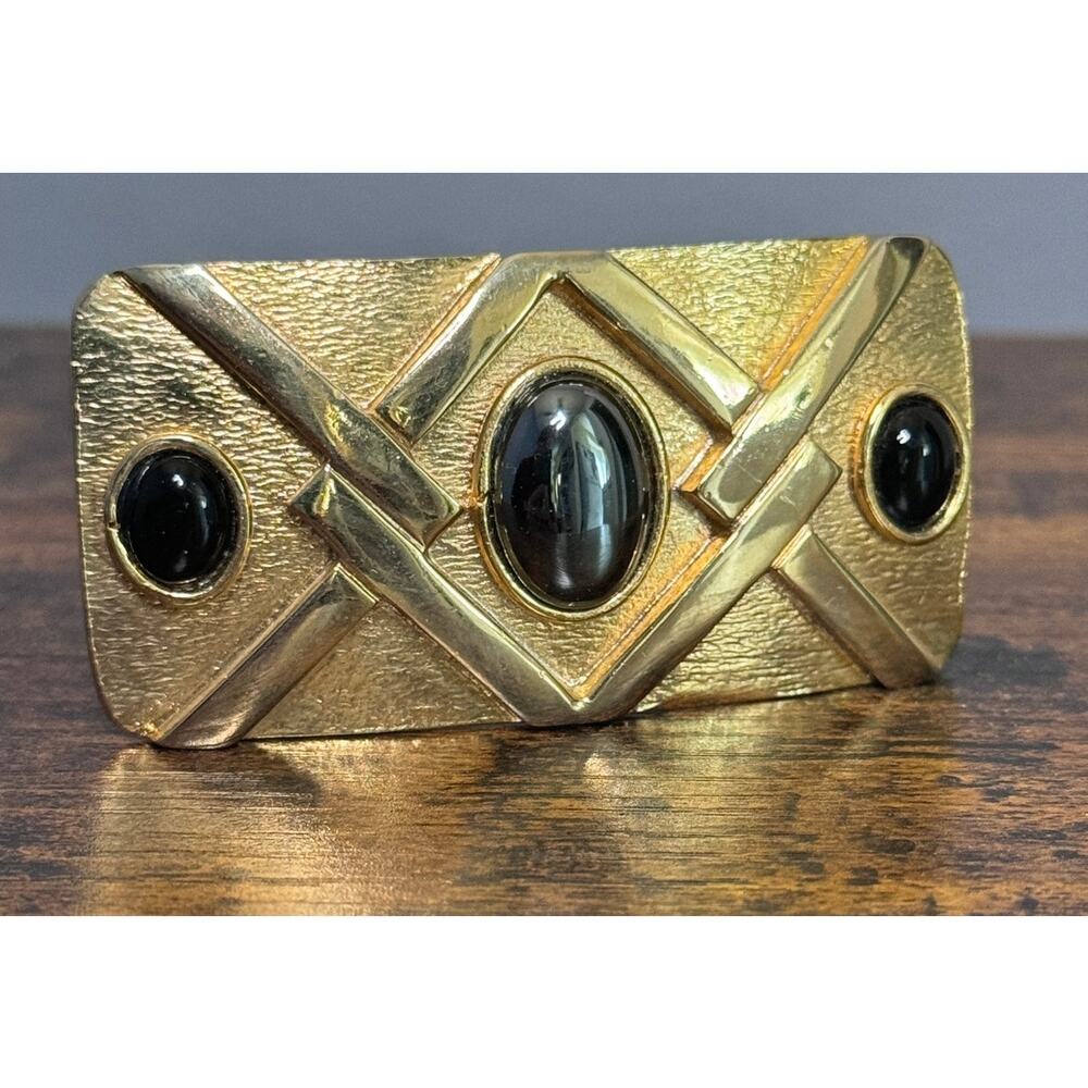 Vintage Gold Plated Belt Buckle With Black Stones.